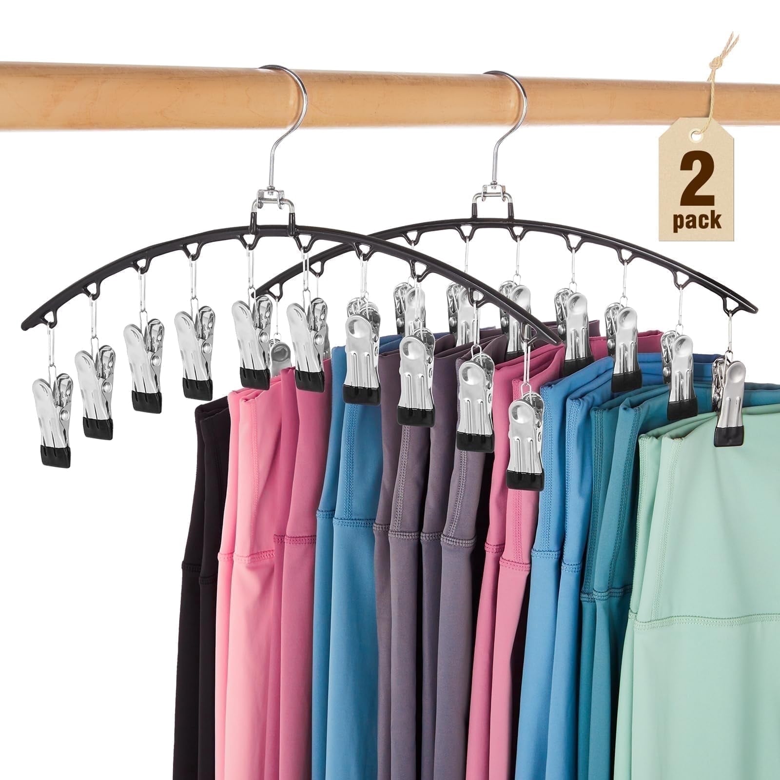 2-Pack Space Saving Metal Pants Hangers with 10 Clips – Multi-Layer Organizer for Jeans, Leggings, Shorts & Skirts – Heavy-Duty Closet Organizer (Black)