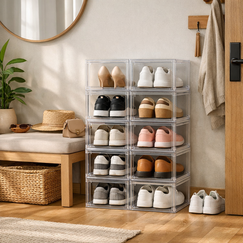 Transparent Magnetic Shoe Organizer – Stackable Clear Shoe Boxes (10 Pack)