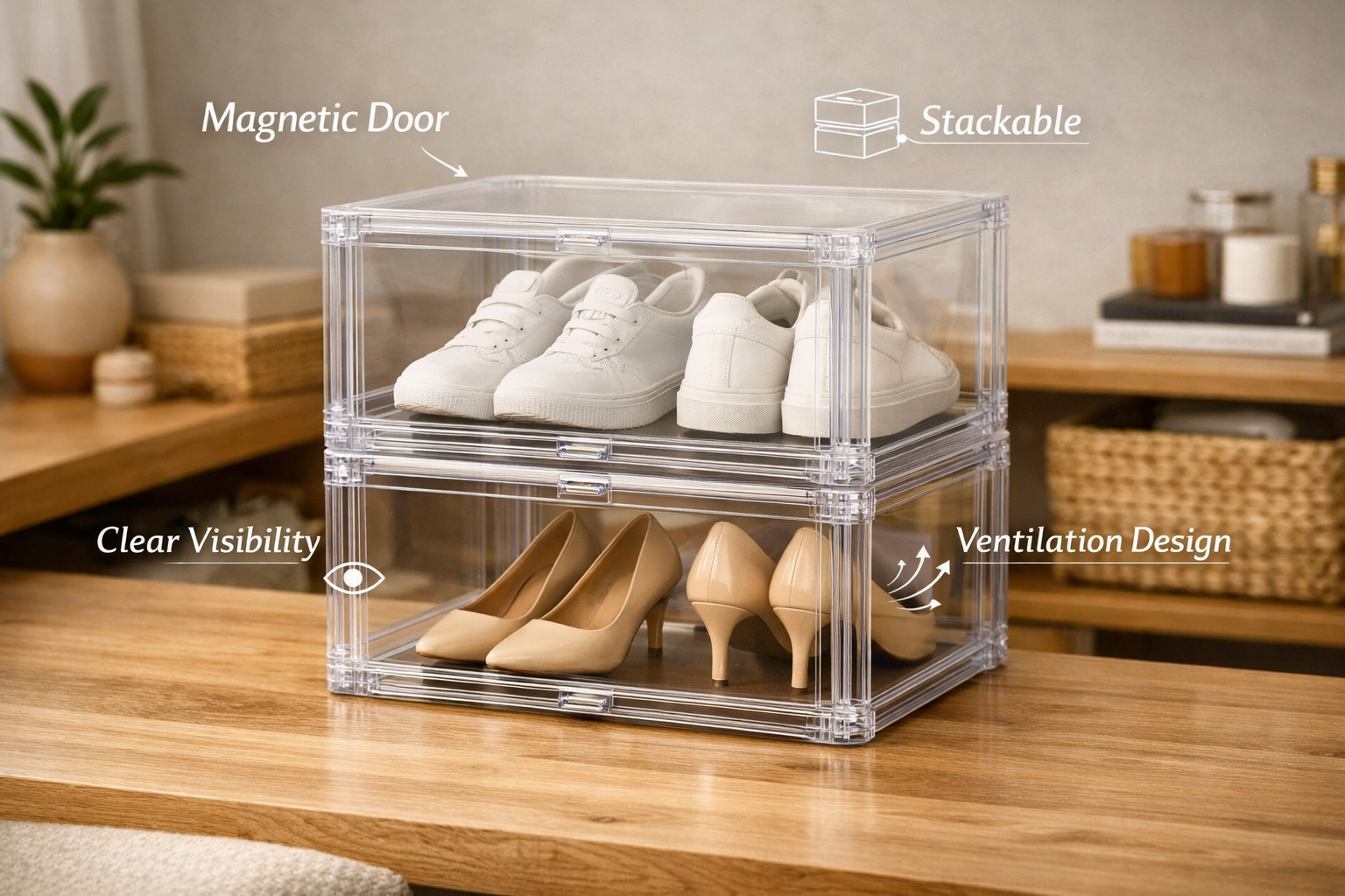Transparent Magnetic Shoe Organizer – Stackable Clear Shoe Boxes (10 Pack)