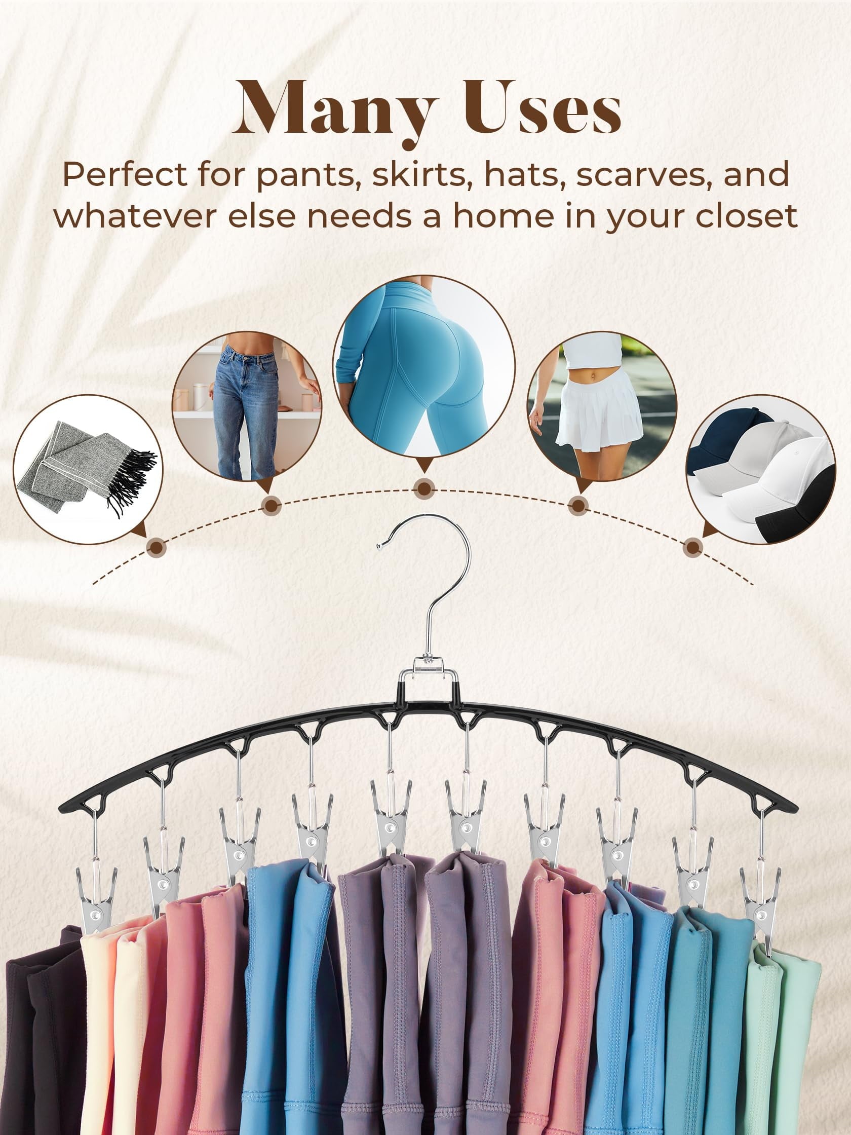 2-Pack Space Saving Metal Pants Hangers with 10 Clips – Multi-Layer Organizer for Jeans, Leggings, Shorts & Skirts – Heavy-Duty Closet Organizer (Black)